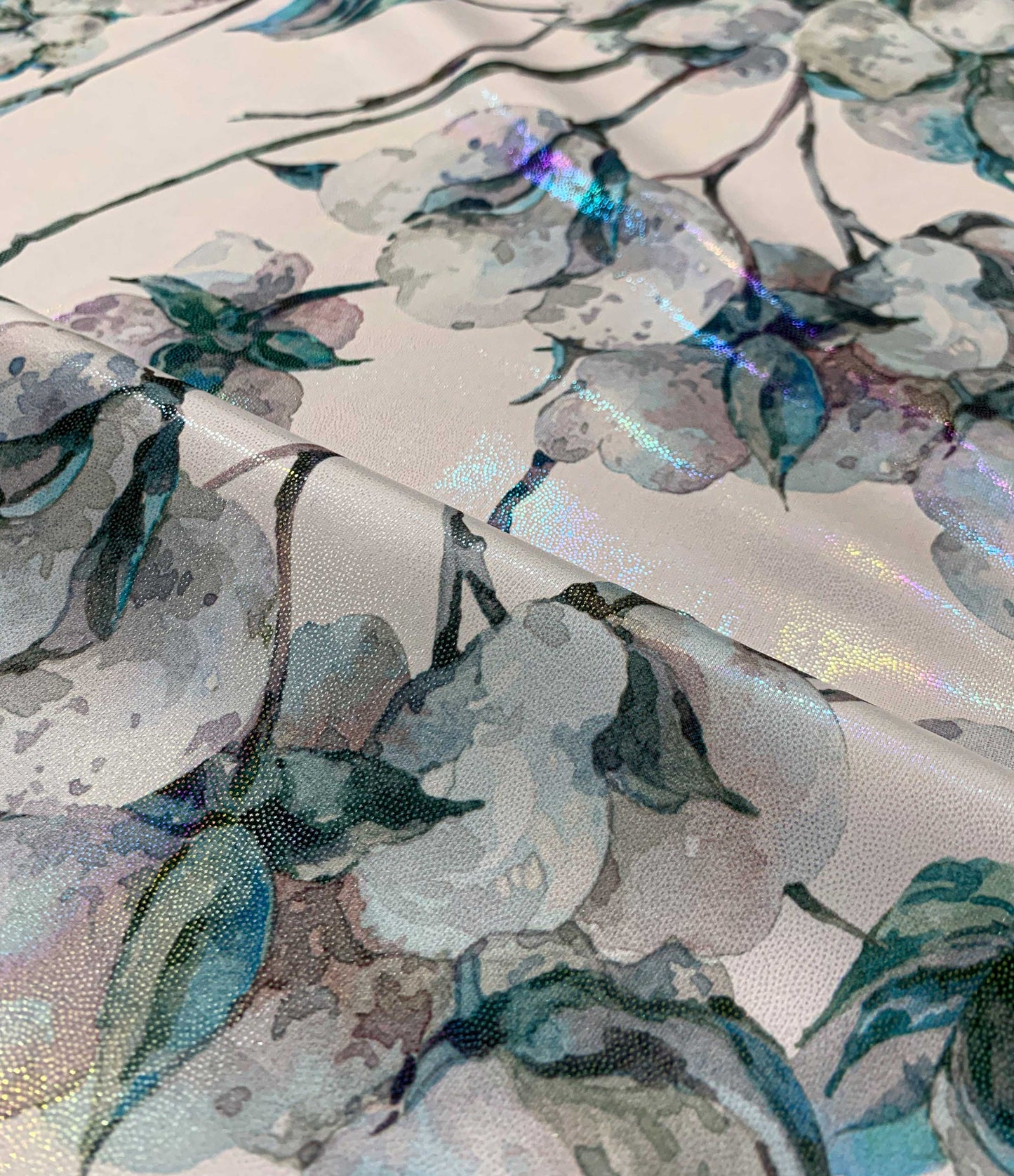 Rainbow Shimmer Floral Teal & Grey Fabric