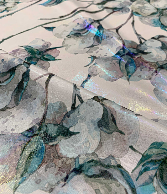 Rainbow Shimmer Floral Teal & Grey Fabric