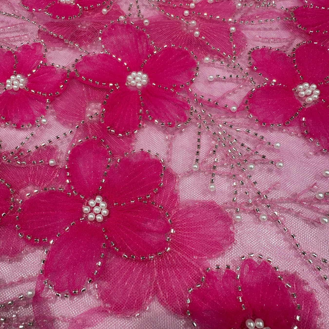 Pink Ribbon Floral Handwork Net 56" Fabric