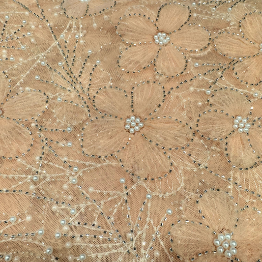 Peach Ribbon Floral Handwork Net 56" Fabric