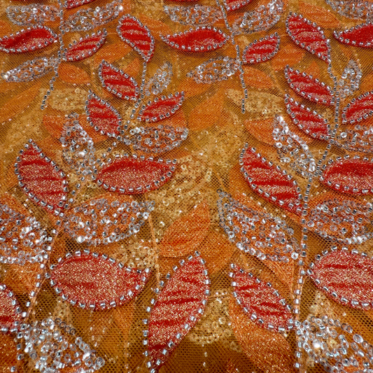 Satiny Sunrise  Orange Leaf Handwork Net 56" Fabric