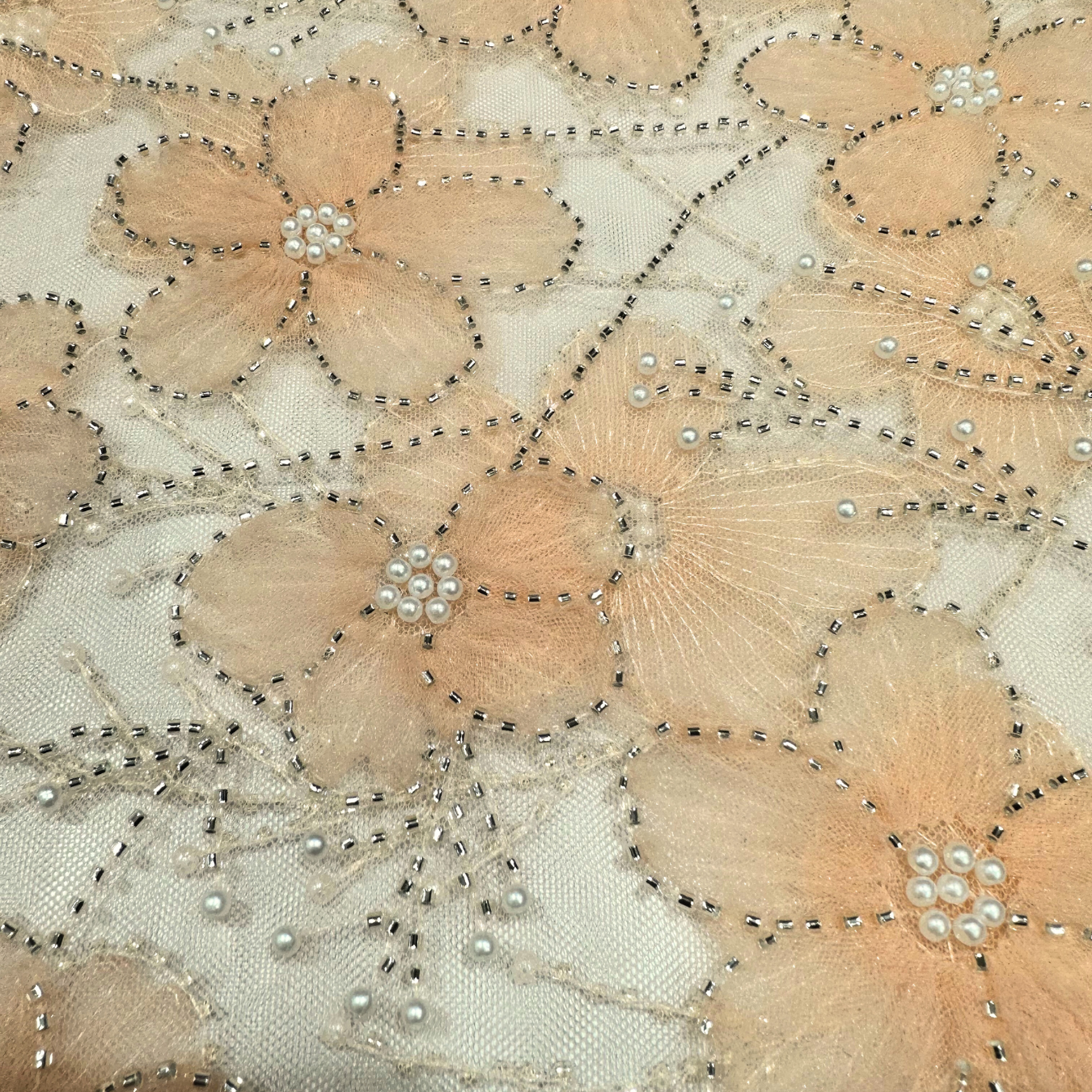 Peach Ribbon Floral Handwork Net 56" Fabric