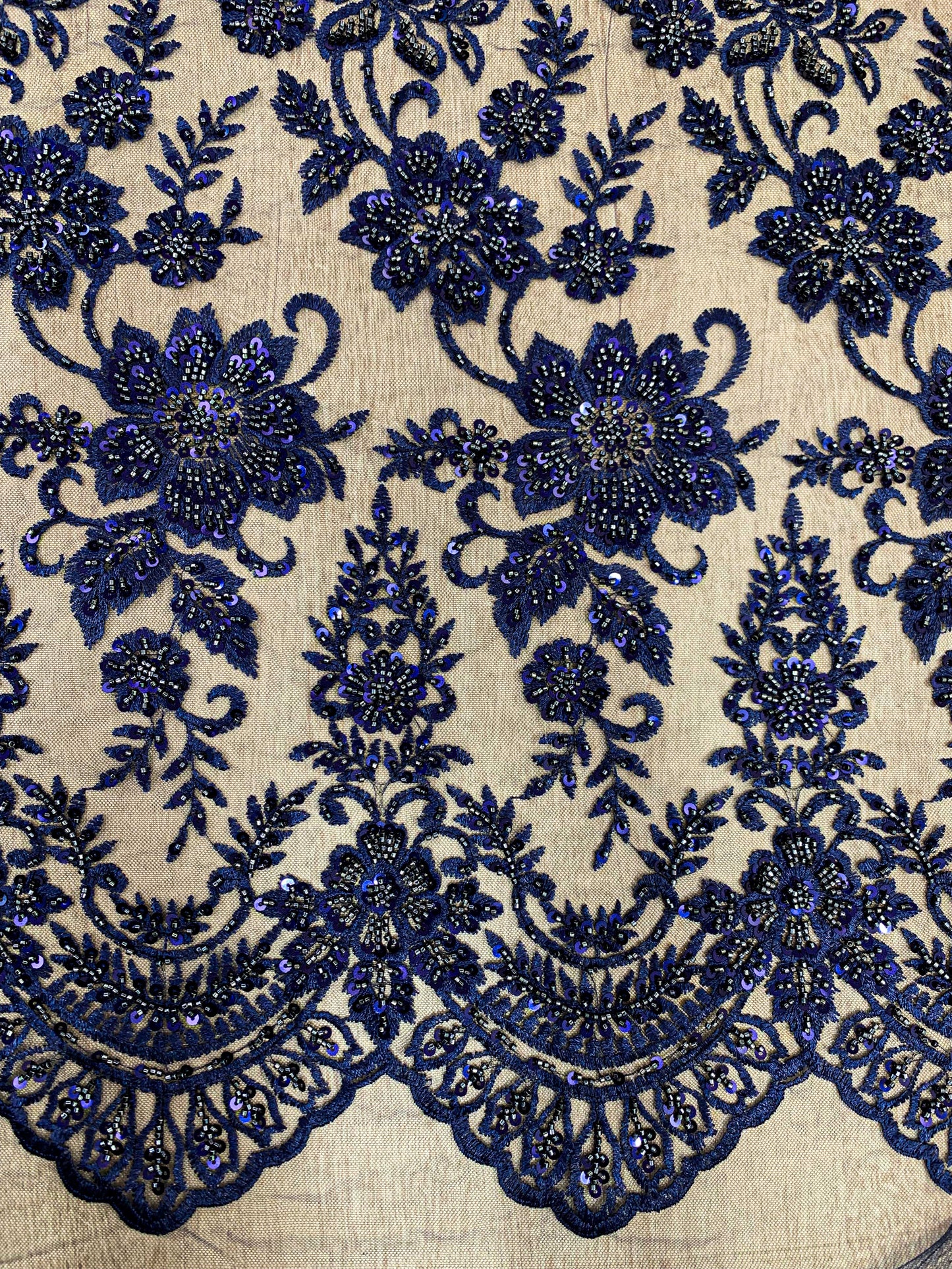 Navy Blue Sequin & Beadwork Heavy Lace Fabric