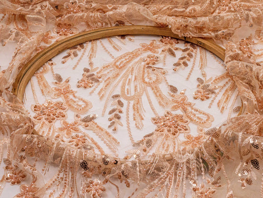 Sapphire Floral Heavy Handwork Net Peach 54" Fabric