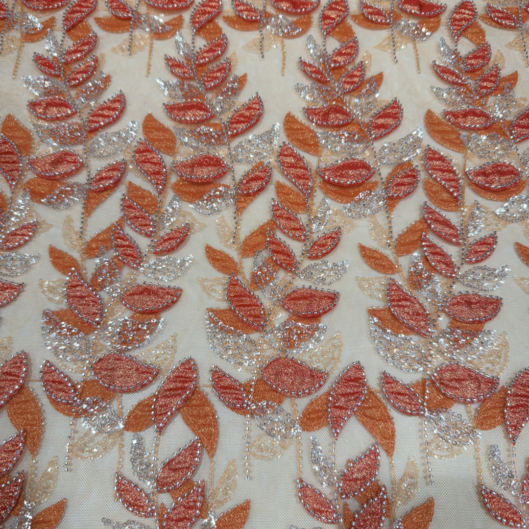 Satiny Sunrise Orange Leaf Lace 56" Fabric