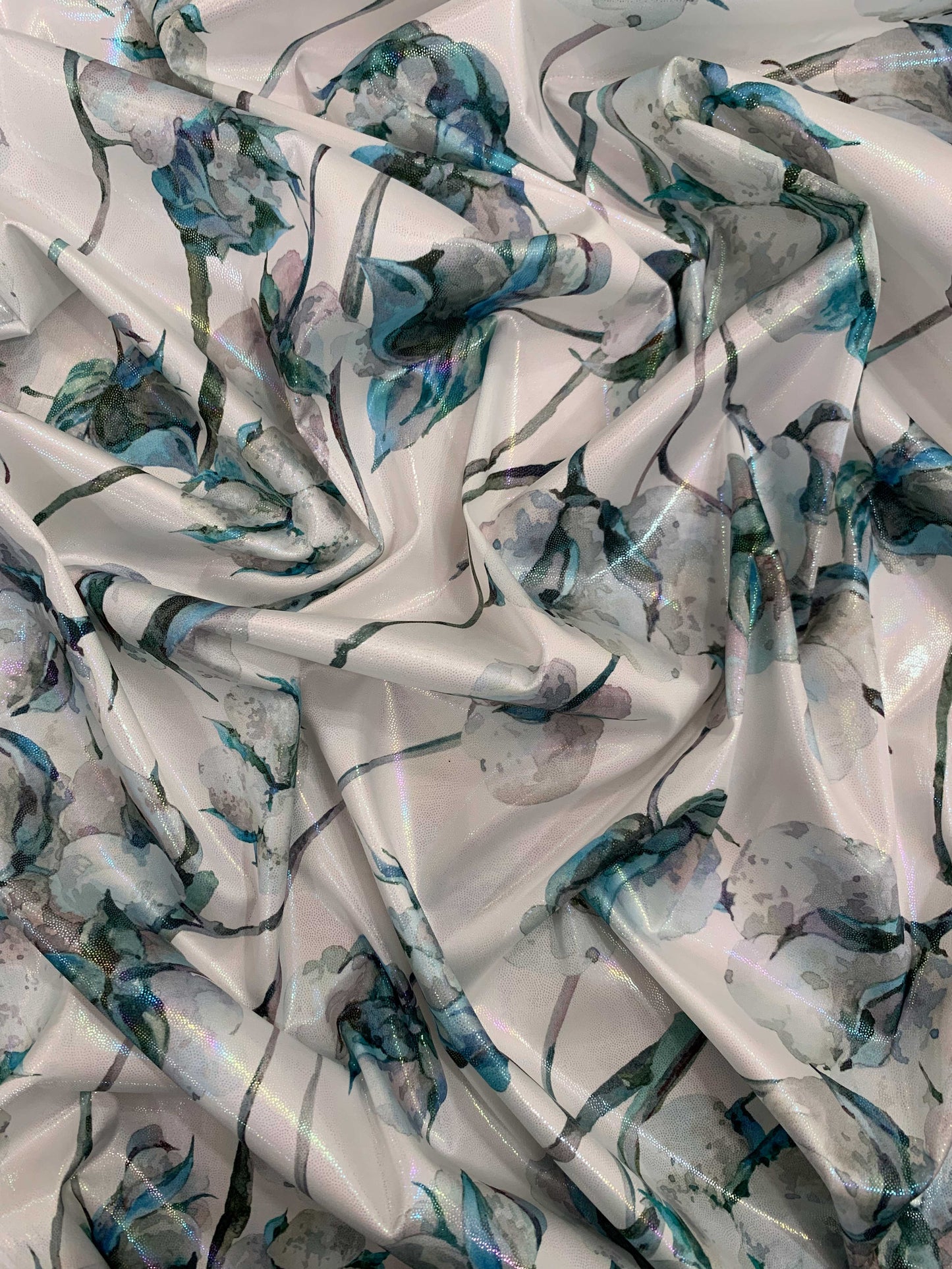 Rainbow Shimmer Floral Teal & Grey Fabric