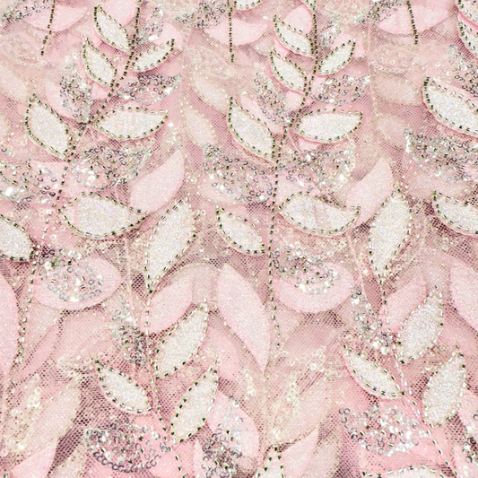 Satiny Rose Pink Leaf Handwork Net 56" Fabric