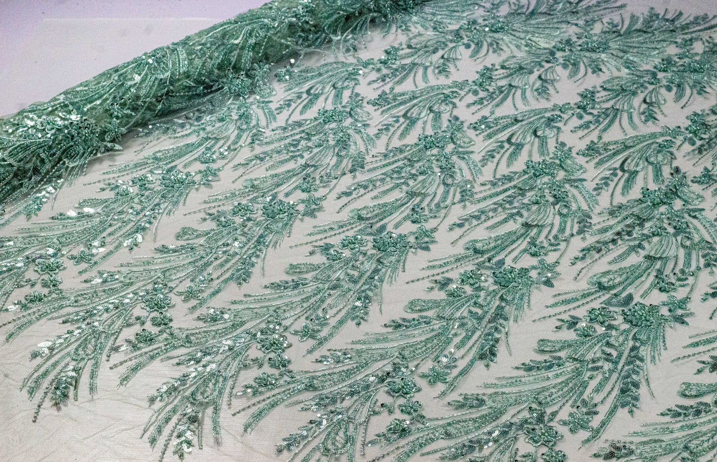 Sapphire Floral Heavy Mint Handwork Net 54" Fabric