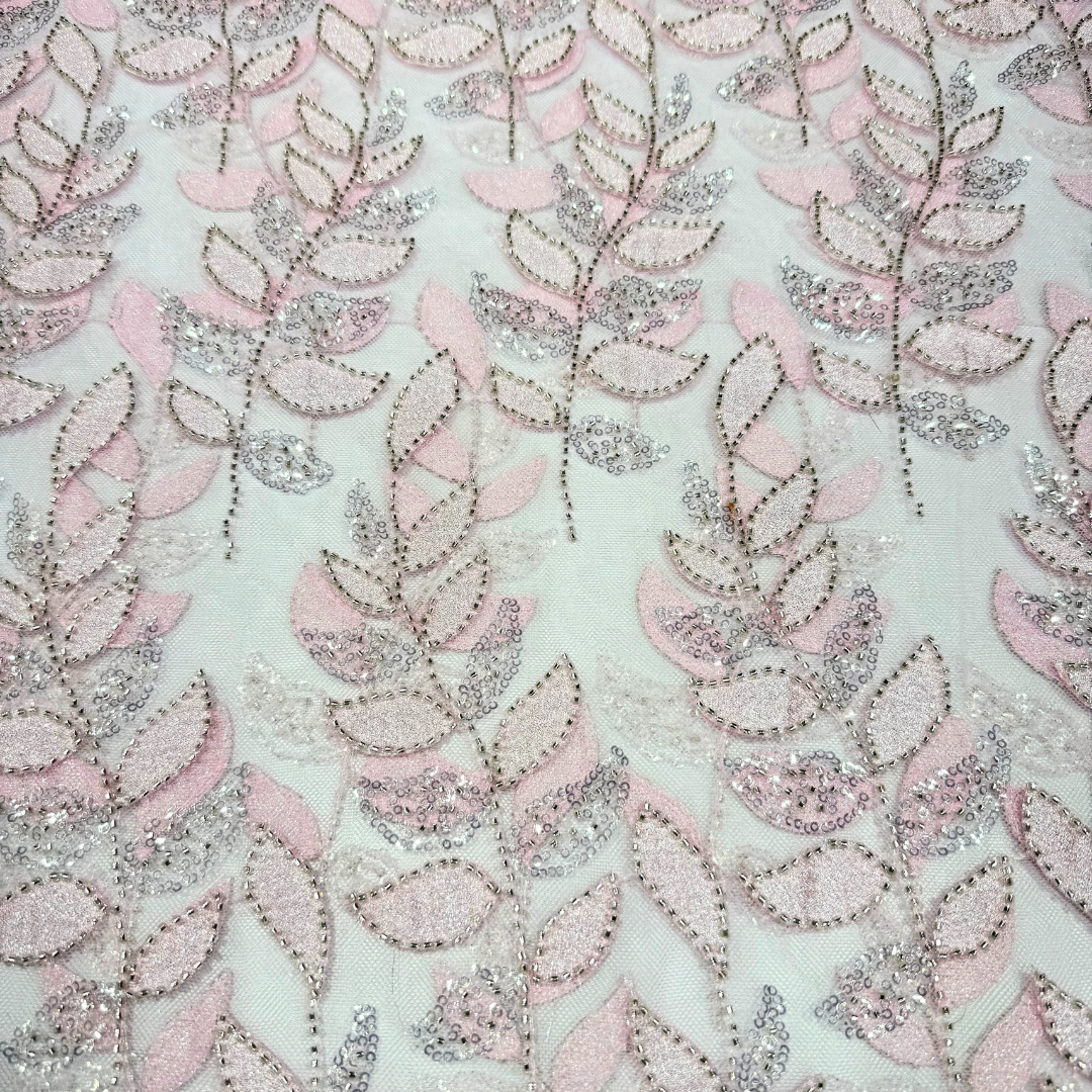 Satiny Rose Pink Leaf Lace 56" Fabric