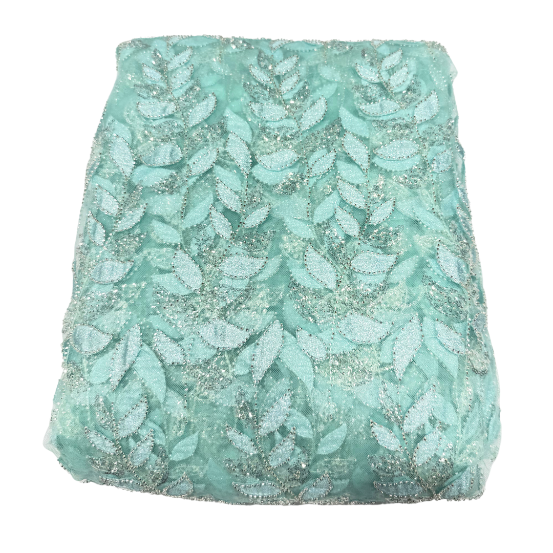 Satiny Aqua Blue Leaf Lace 56" Fabric