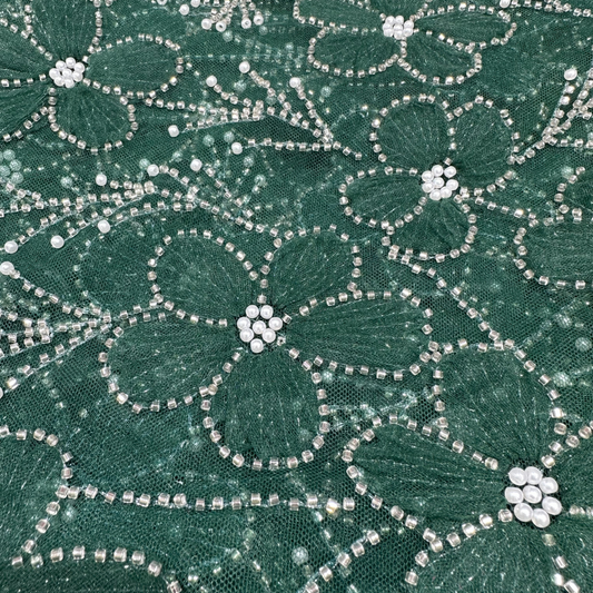 Green Ribbon Floral Handwork Net 56" Fabric