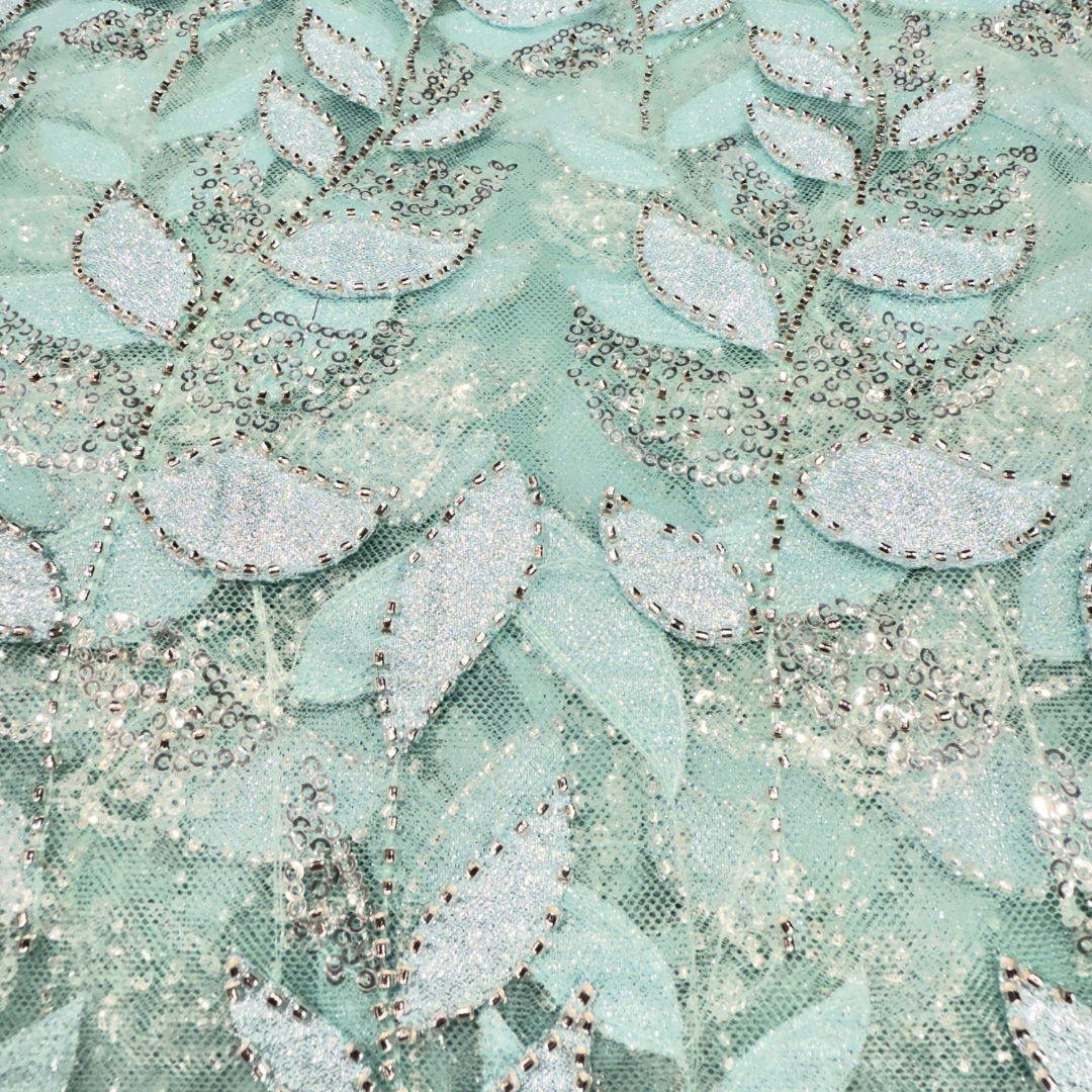 Satiny Aqua Blue Leaf Lace 56" Fabric