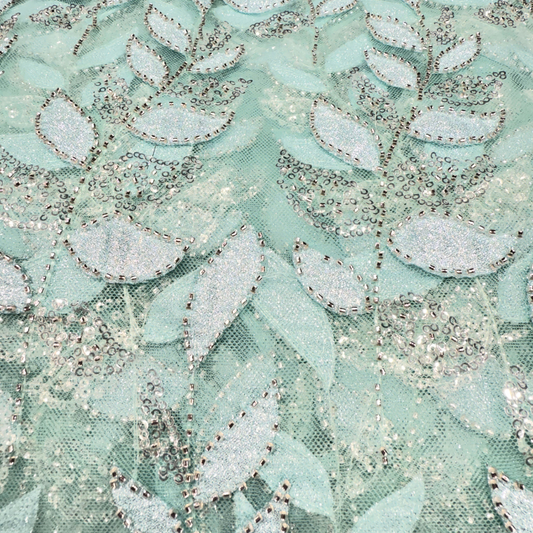 Satiny Aqua Blue Leaf Handwork Net 56" Fabric