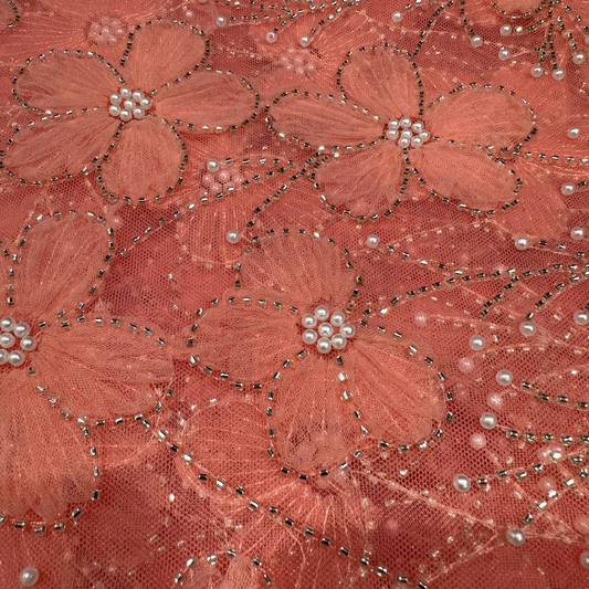 Melon Ribbon Floral Handwork Net 56" Fabric