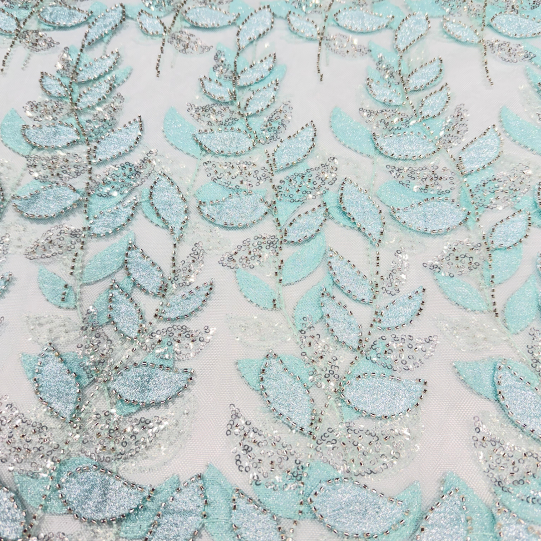 Satiny Aqua Blue Leaf Lace 56" Fabric