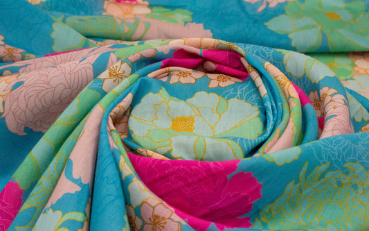 Cotton Viscose Makini Print Turquoise and Pink
