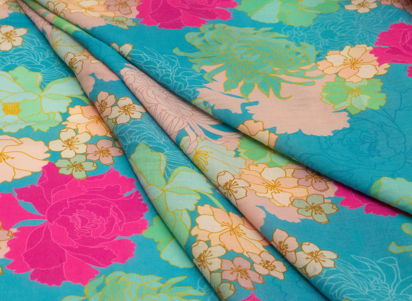Cotton Viscose Makini Print Turquoise and Pink