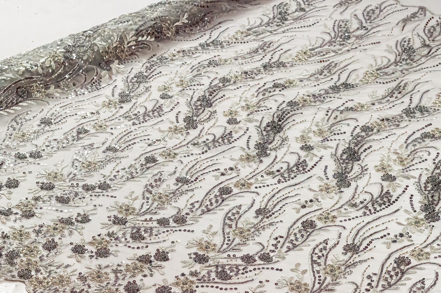 Bridal Handwork Net Heavy Floral Silver Gray 54" Fabric