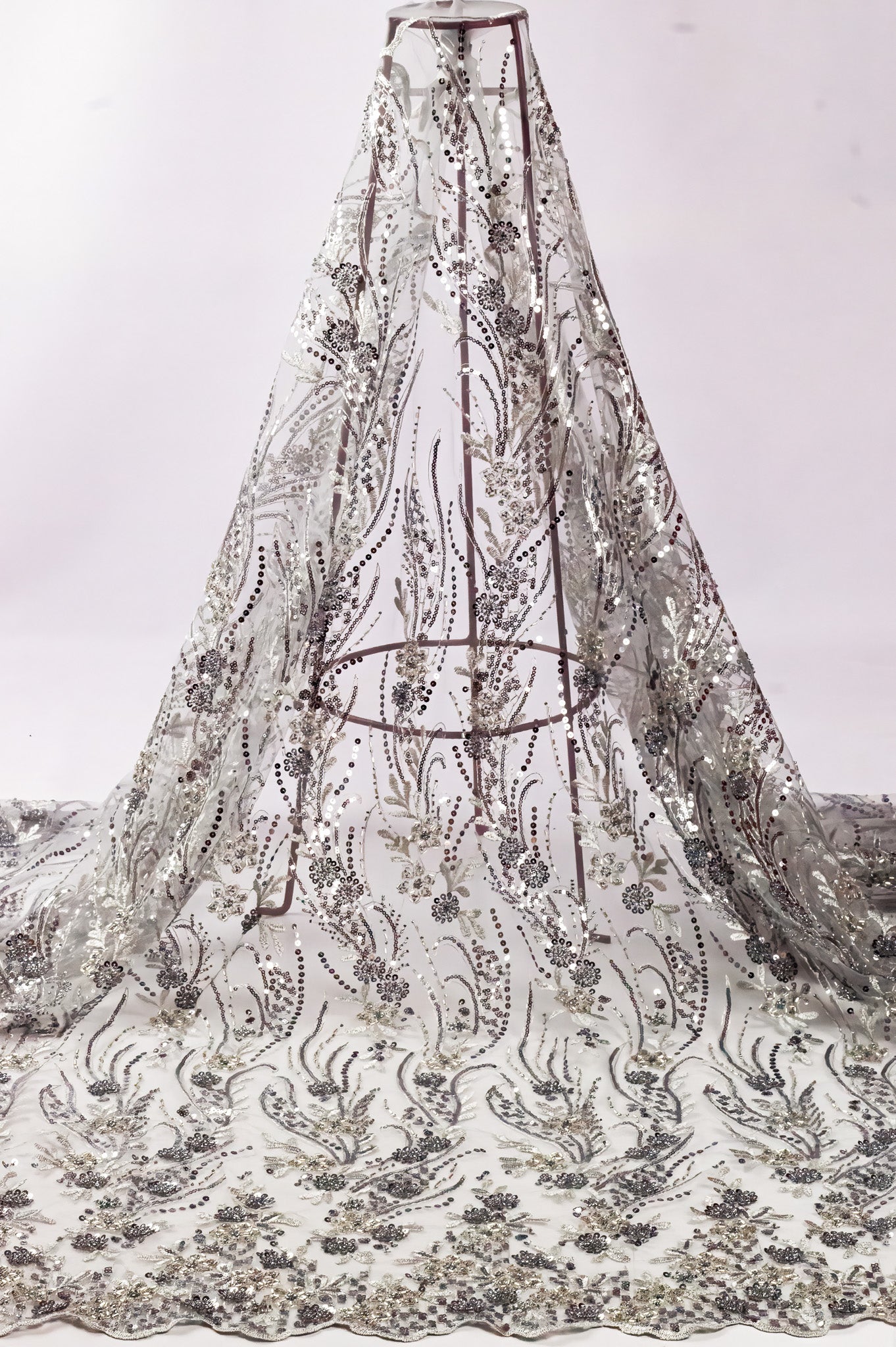 Bridal Handwork Net Heavy Floral Silver Gray 54" Fabric