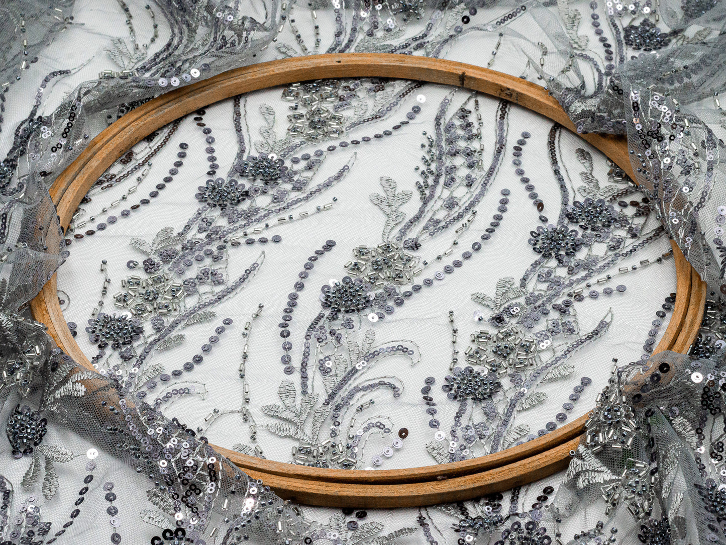 Bridal Handwork Net Heavy Floral Silver Gray 54" Fabric