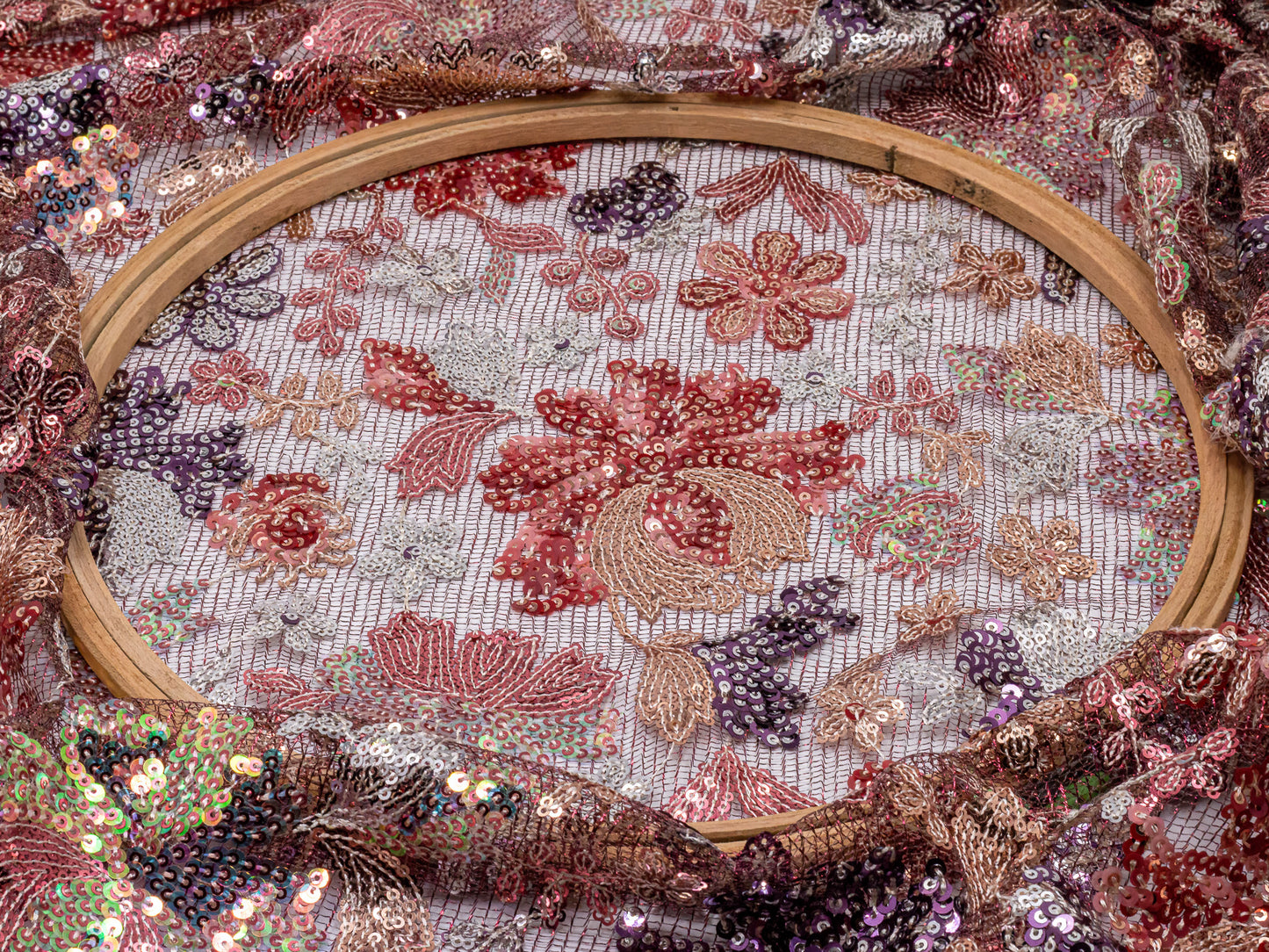 Sequin Handwork Net on Net Maroon 54" Fabric