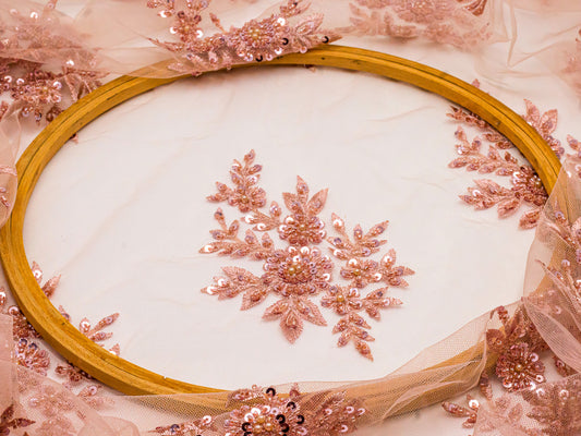 Bridal Handwork Net Heavy Floral Peach 54" Fabric