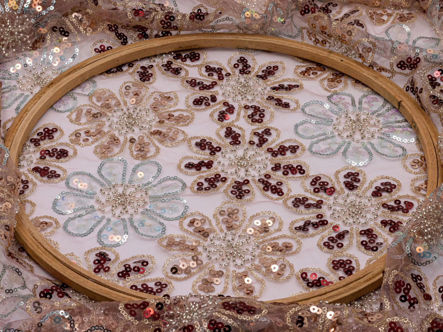 Sequin handwork Net Floral Maroon on Soft Net 54" Fabric