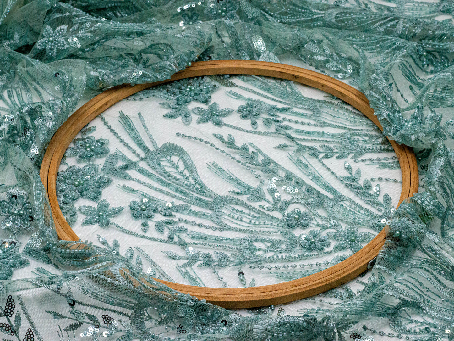 Sapphire Floral Heavy Mint Handwork Net 54" Fabric