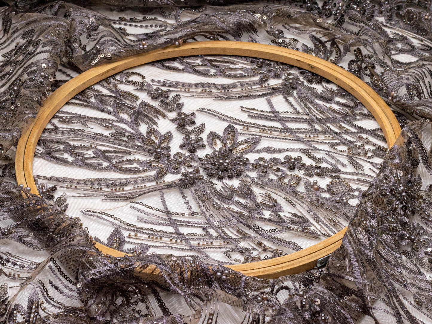 Bridal Handwork Net Heavy Floral Taupe 54" Fabric