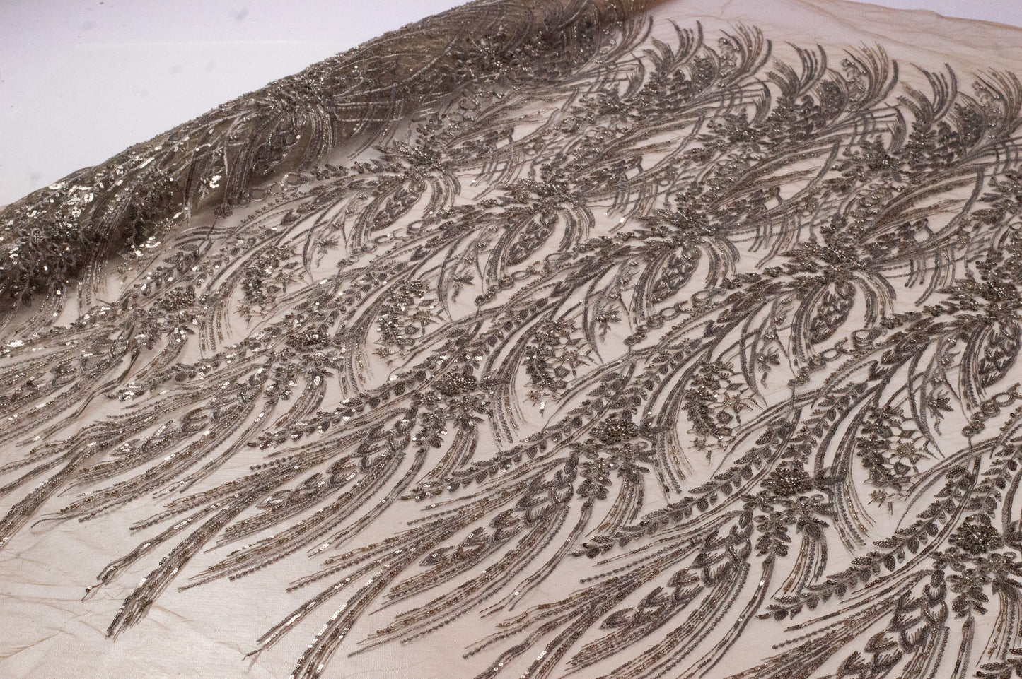 Bridal Handwork Net Heavy Floral Taupe 54" Fabric