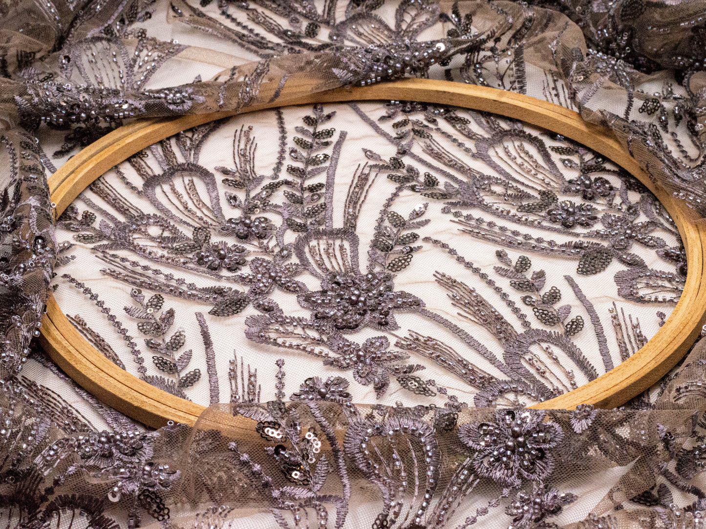 Sapphire Floral Heavy Handwork Net Cedar 54" Fabric