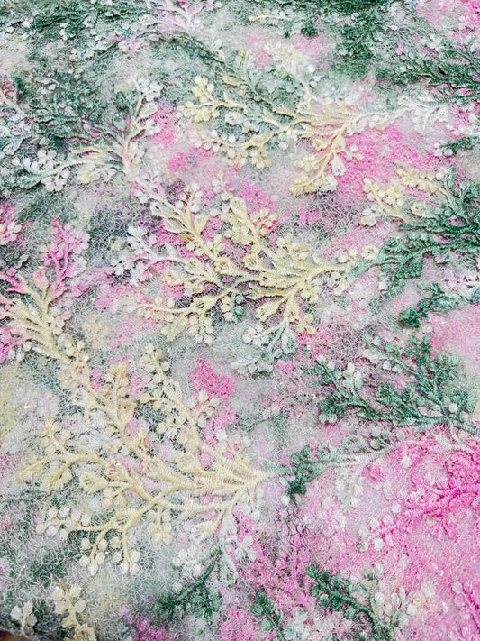 Pink &Green Blossom Garden Handwork Net 56" Fabric