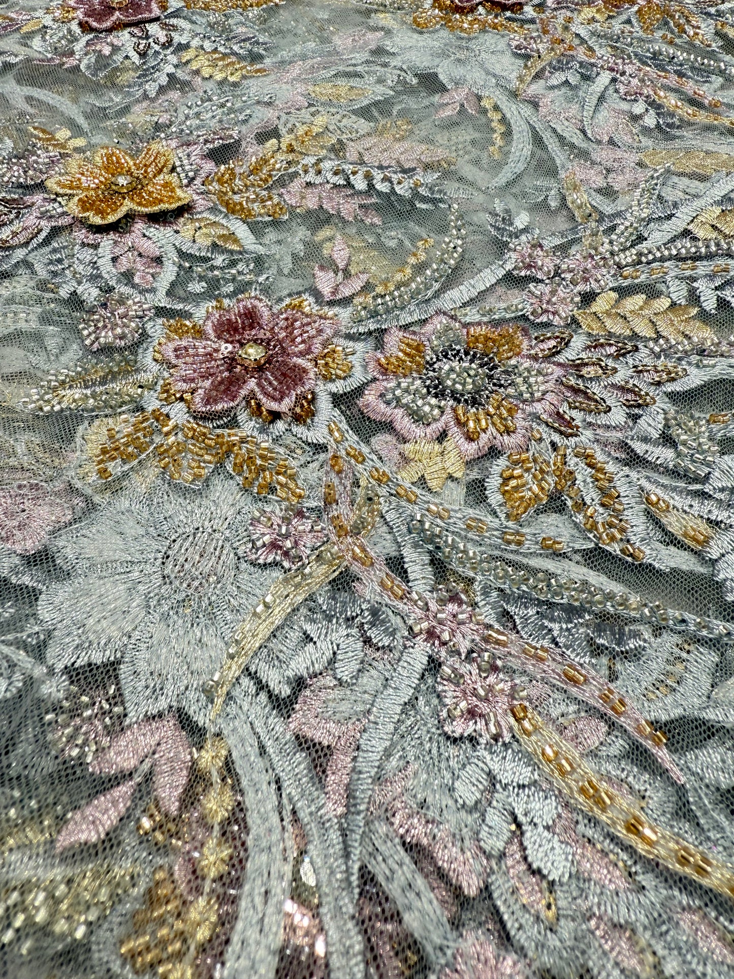 Blue Floral Applique Beaded Lace 56" Fabric