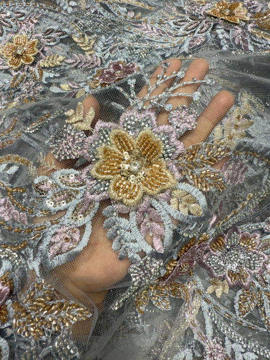 Blue Floral Applique Beaded Handwork Net 56" Fabric