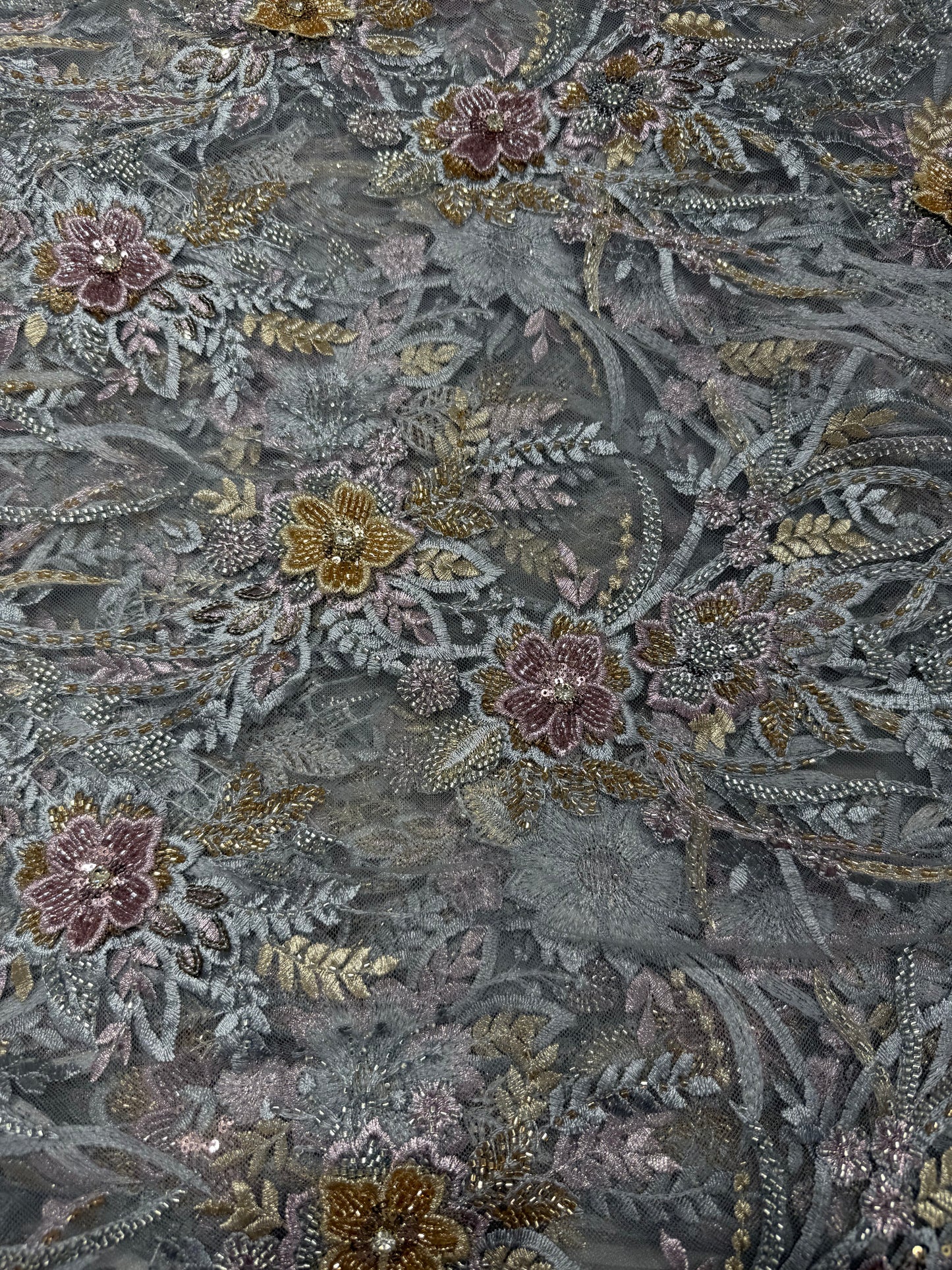 Blue Floral Applique Beaded Lace 56" Fabric