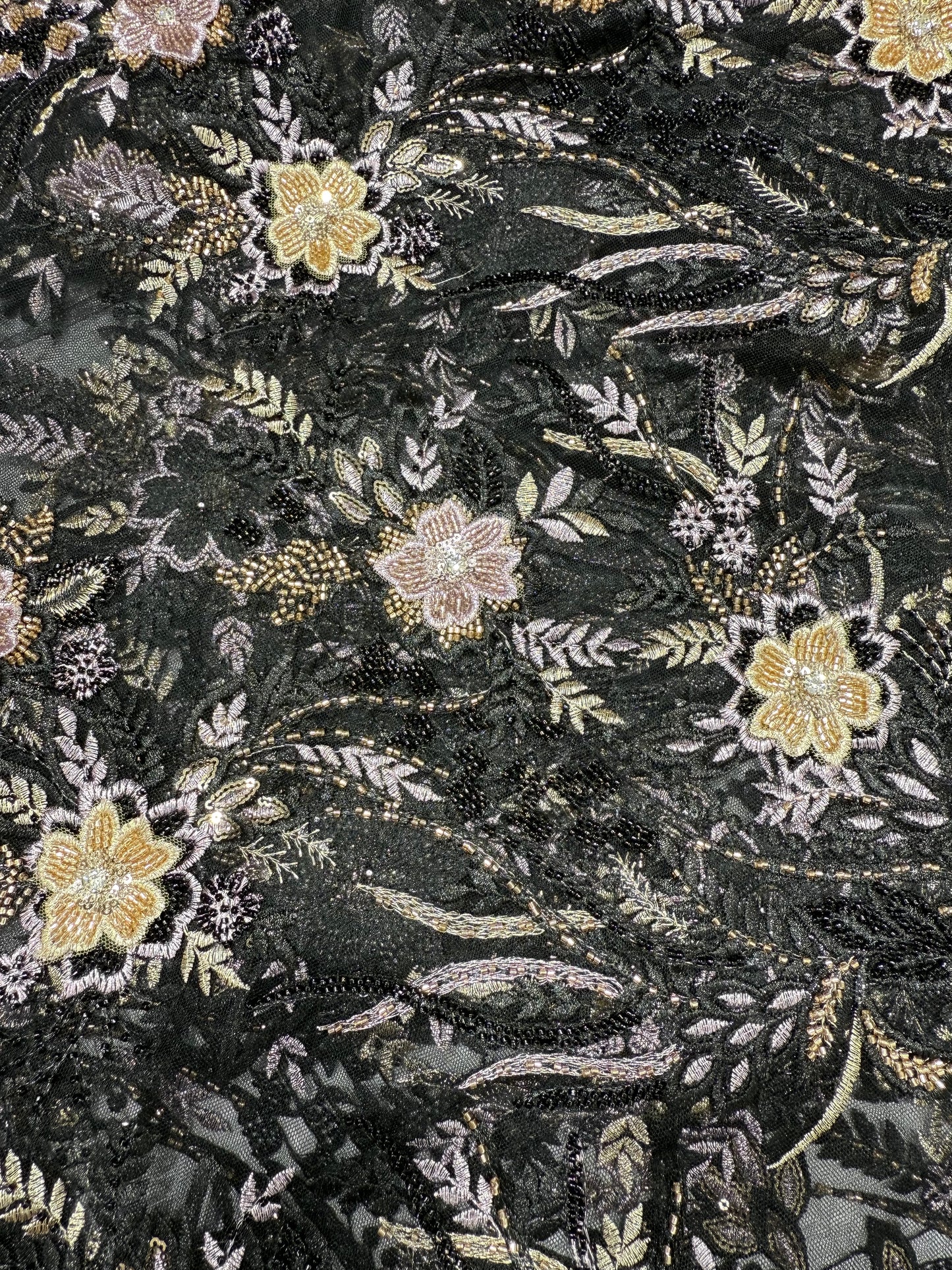 Black Floral Applique Beaded Lace 56" Fabric