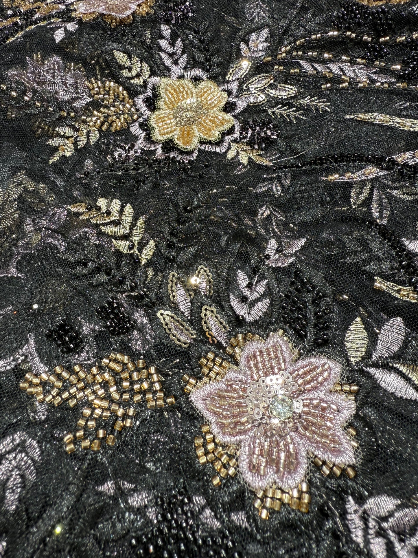 Black Floral Applique Beaded Lace 56" Fabric