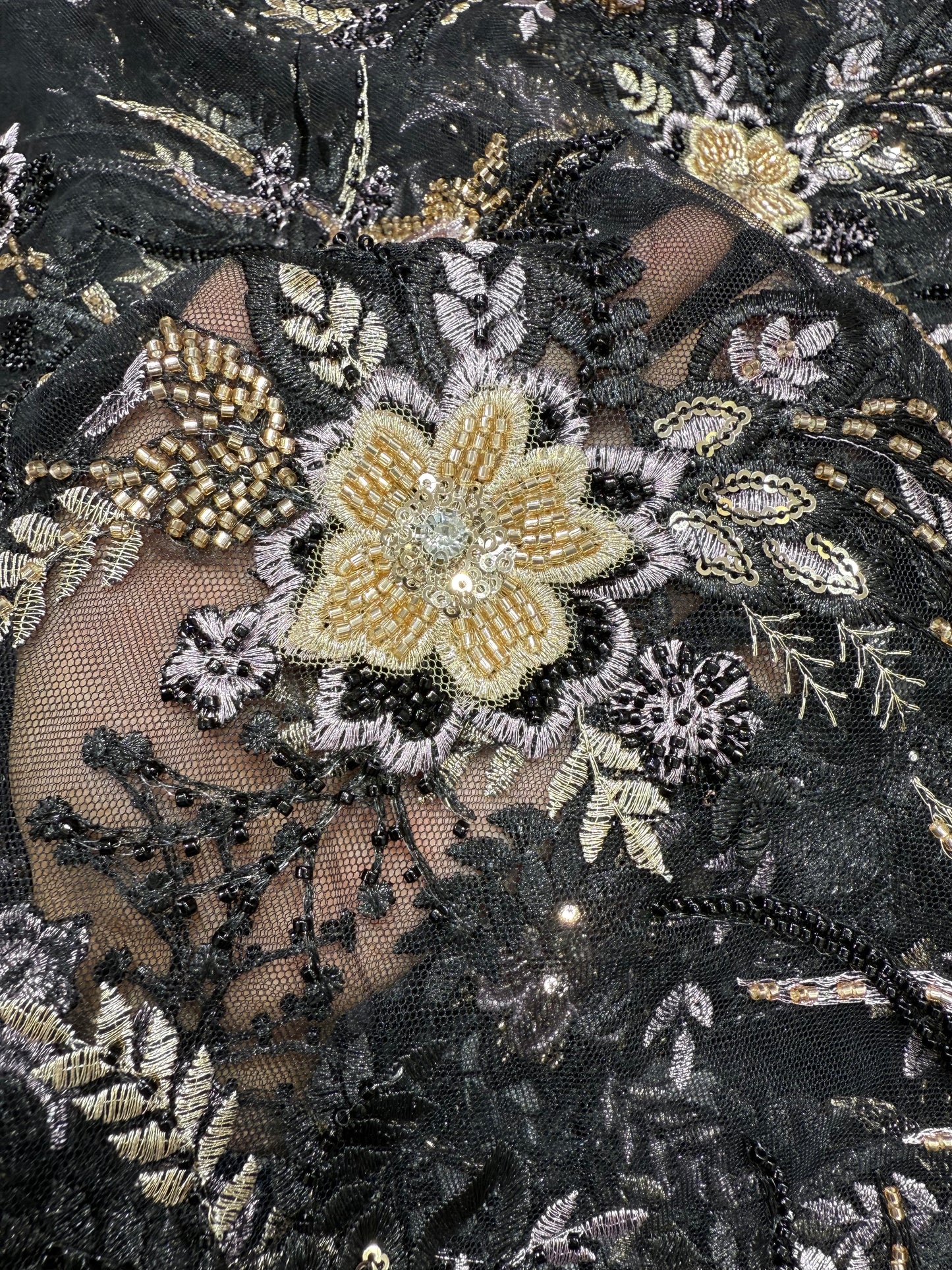Black Floral Applique Beaded Lace 56" Fabric