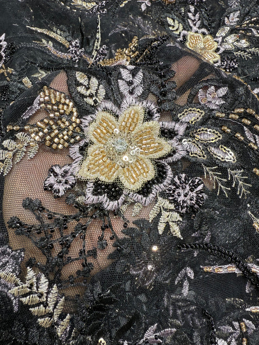 Black Floral Applique Beaded Handwork Net 56" Fabric