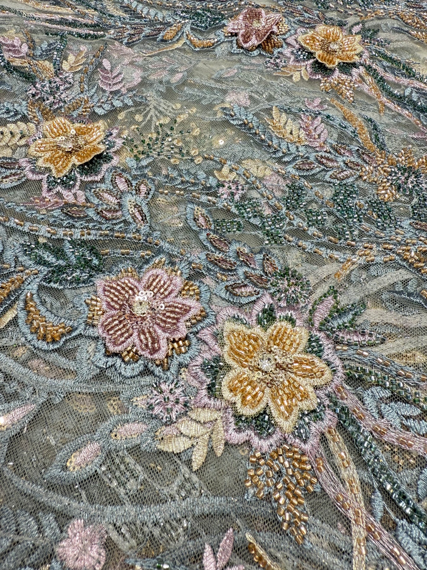 Green Floral Applique Beaded Lace 56" Fabric