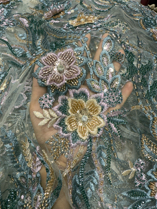 Green Floral Applique Beaded Handwork Net 56" Fabric