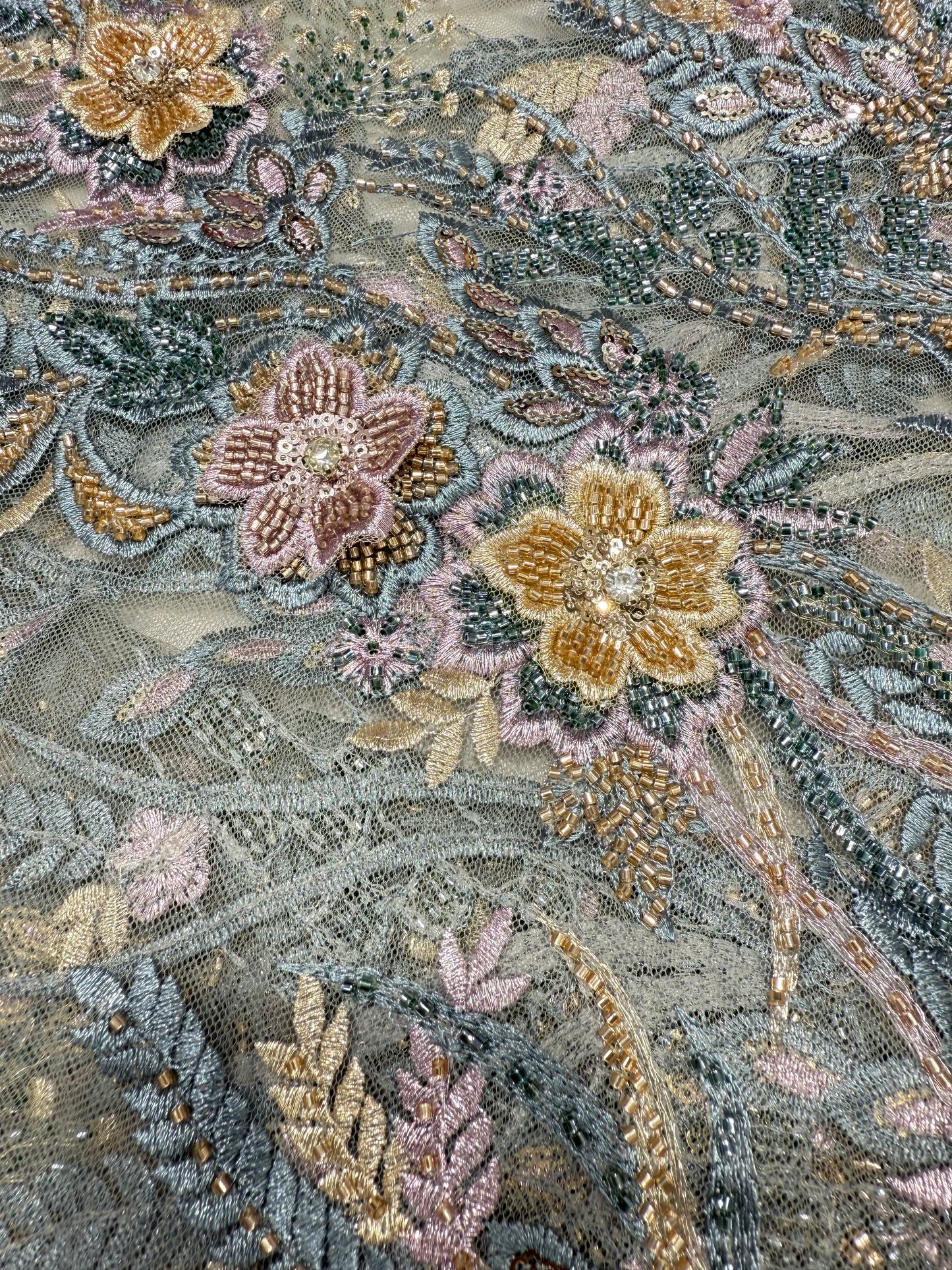 Green Floral Applique Beaded Lace 56" Fabric