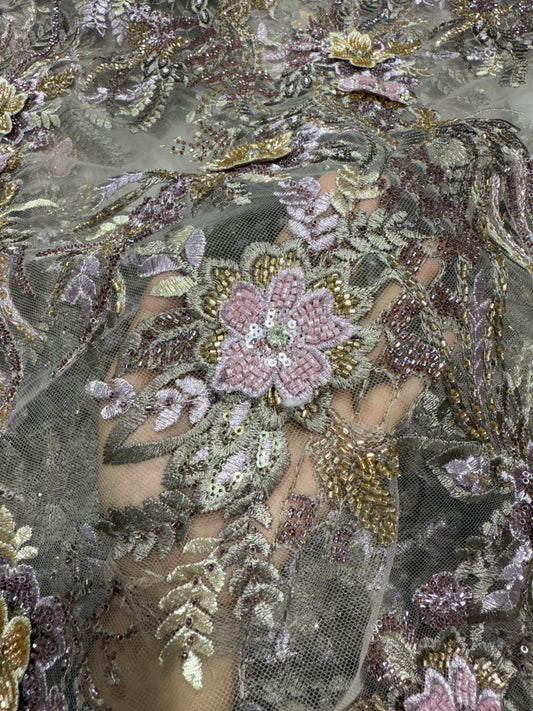 Purple Floral Applique Beaded Handwork Net 56" Fabric