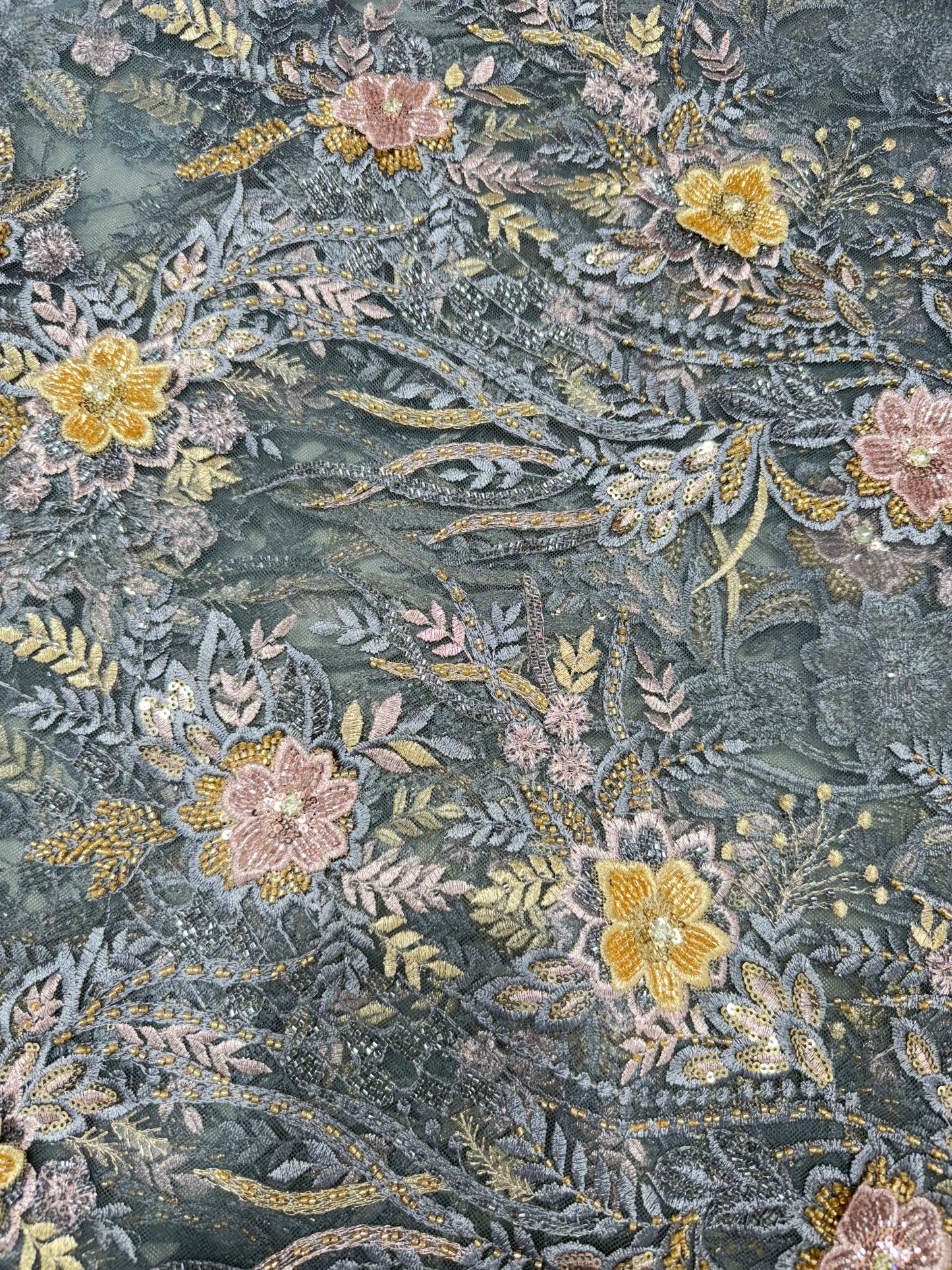 Grey Floral Applique Beaded Lace 56" Fabric