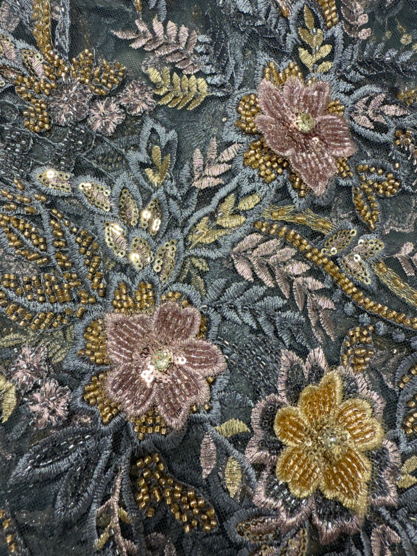 Grey Floral Applique Beaded Lace 56" Fabric
