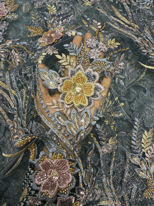 Grey Floral Applique Beaded Handwork Net 56" Fabric