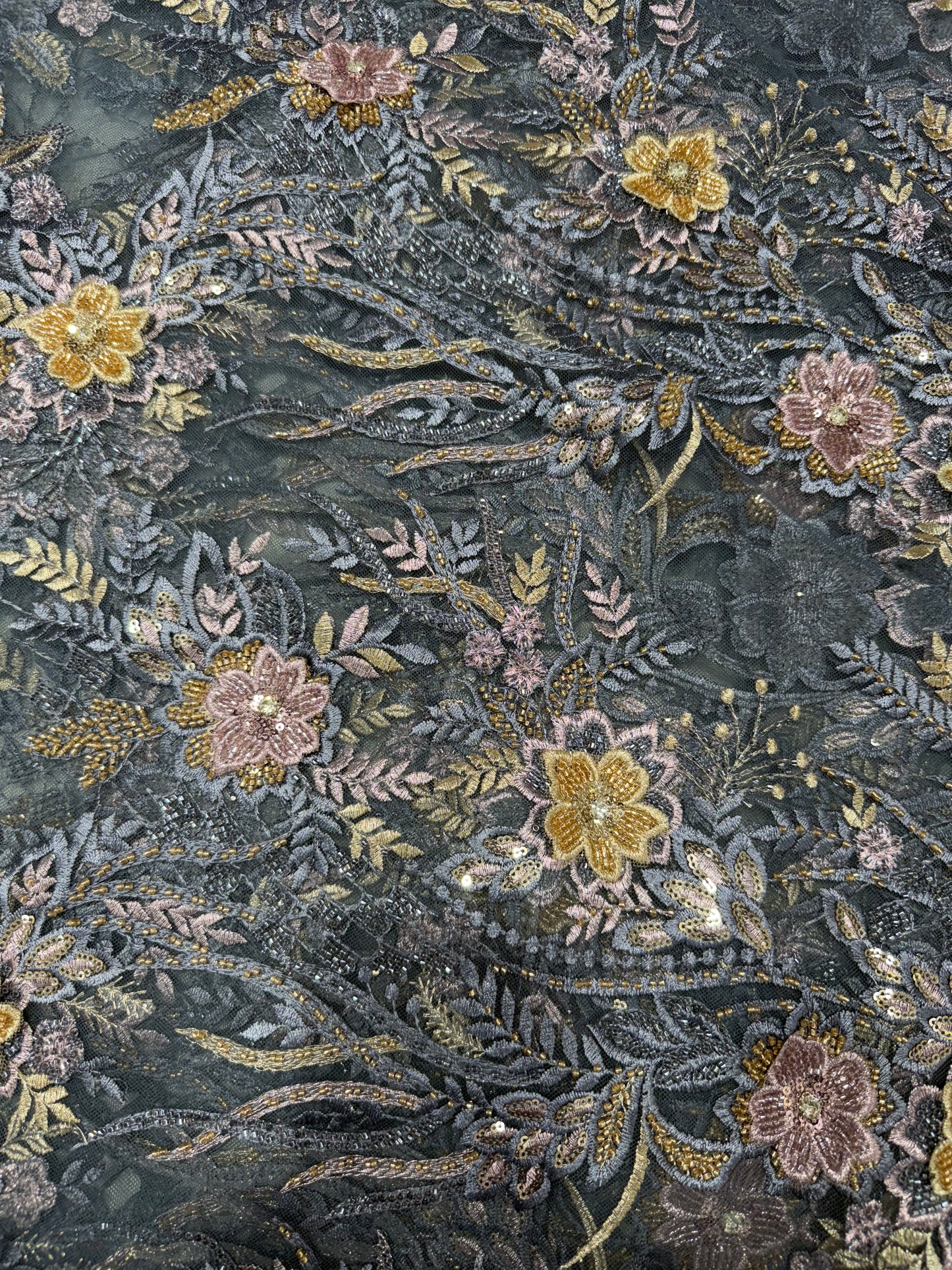 Grey Floral Applique Beaded Lace 56" Fabric