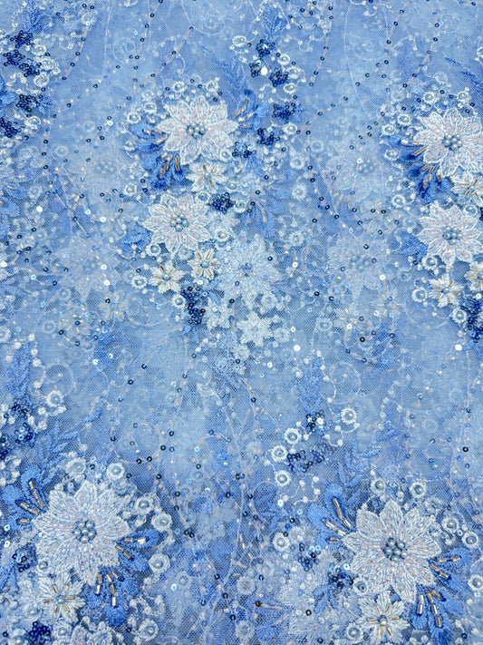 Blue Sequin finish Applique Handwork Net 56" Fabric