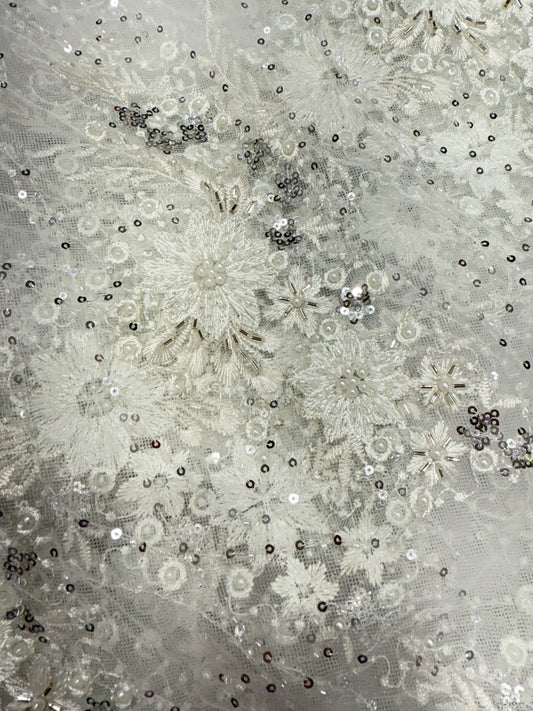 White Sequin finish Applique Handwork Net 56" Fabric