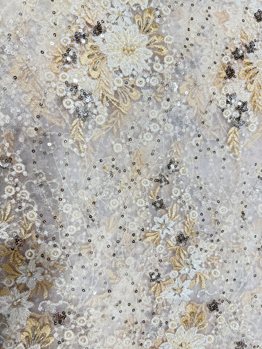 Golden Sequin finish Applique Handwork Net 56" Fabric